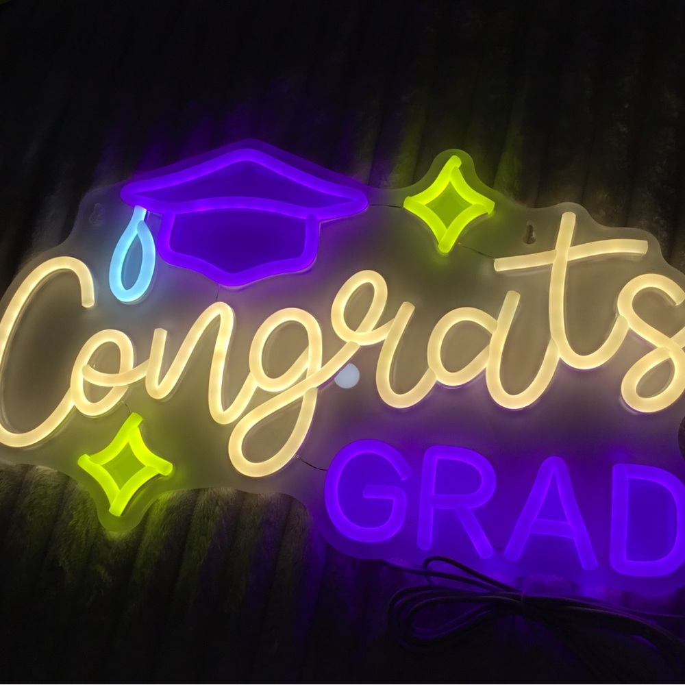 Congrats Grad Neon Sign in Purple, Yellow-Green, Blue & Warm White